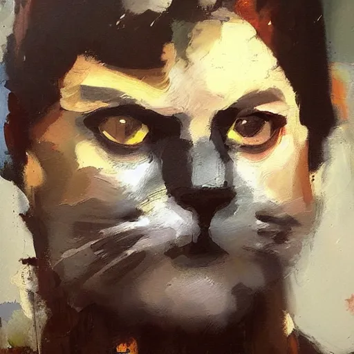 Image similar to nick offerman with body of a cat, jeremy mann painting