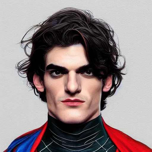 Prompt: portrait of RJ Mitte as Spiderman, elegant, intricate, headshot, highly detailed, digital painting, artstation, concept art, sharp focus, illustration, art by artgerm and greg rutkowski and alphonse mucha