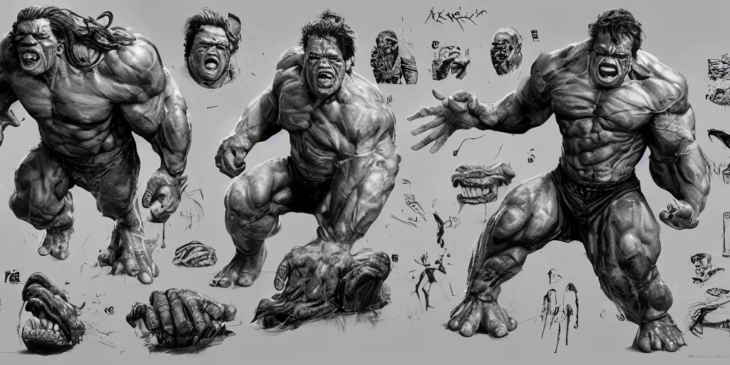 Prompt: mickey rourke as the hulk, character sheet, concept design, contrast, kim jung gi, greg rutkowski, zabrocki, karlkka, jayison devadas, trending on artstation, 8 k, ultra wide angle, pincushion lens effect