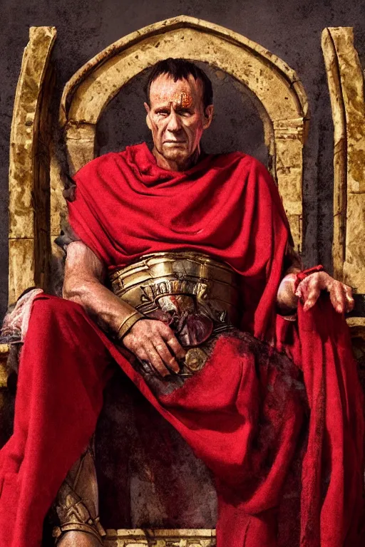 Image similar to a tired, lonely and broken julius caesar is sitting on his throne. face is highly detailed. splices of red are running down his toga. mist. color scheme red and gold. soft light. low angle medium shot. imagined by greg rutkowski.