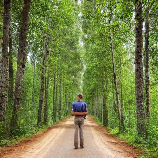 Image similar to A man sitting on a beautiful road in a forest with Nutmeg trees lined up on the side of the road with his back to the camera, professional photography