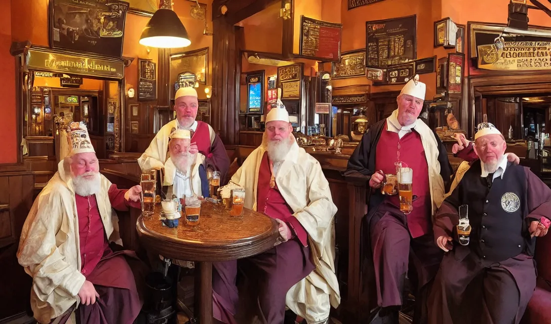 Image similar to the three wise men in period regal clothing in a wetherspoons pub having a pint