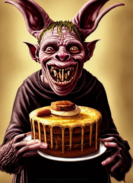 Image similar to portrait of a medieval goblin eating cakes in the cloisters beautiful face hyper realistic highly detailed digital painting artstation illustration co