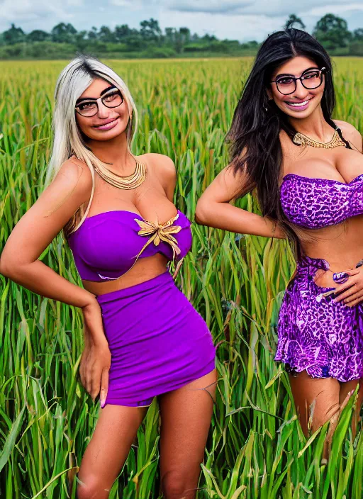 Image similar to portrait of lindsey pelas and mia khalifa wearing purple batik tube top in a paddy field, by charlotte grimm, natural light, detailed face, canon eos c 3 0 0, ƒ 1. 8, 3 5 mm, 8 k, medium - format print, half body shot