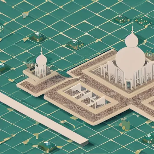 Image similar to a digital matte painting of a complex isometric islamic architecture mosque made of circuit boards in a busy modern city #isometric