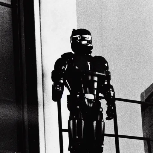 Image similar to a paparazzi photography of robocop wearing a bathrobe smoking a cigarette, standing on a balcony