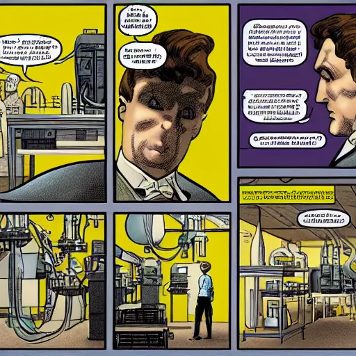 Prompt: a modern comic book page of a Victorian science laboratory, modern comic book style