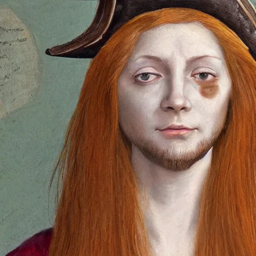 Image similar to https://i.pinimg.com/originals/8b/2b/3c/8b2b3c1c42721b1a61d595f3da14daf5.jpg Extremely detailed photo realistic matte portrait painting of winking 15th Century Barbary Coast pirate Woman with Ginger hair and Golden hooped earrings photography by Steve McCurry