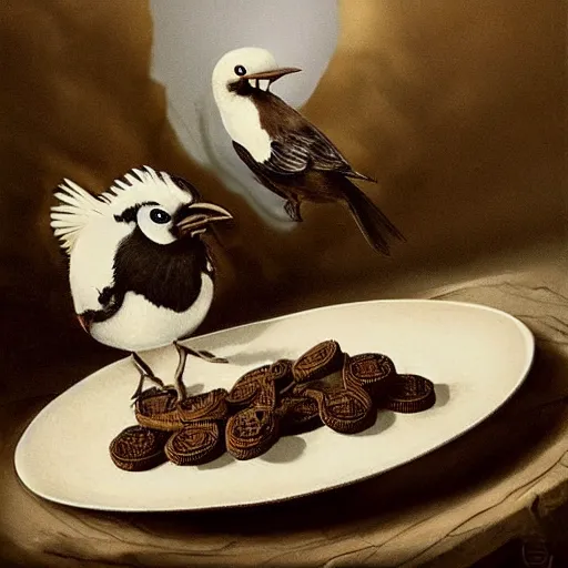 Image similar to a bird eating a plate full of oreos, realism, cinematic, hyper detailed masterpiece, ethereal, post apocalyptic