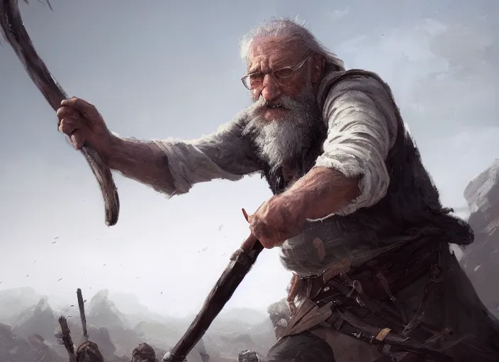 Prompt: close up cinematic artwork of a random old man with a long beard, holding a staff, staring down the enemy on the battlefield by Greg Rutkowski, 4k, masterpiece