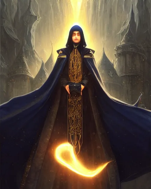 Prompt: handsome mage meditating holding a tellurion!, long black hair blue eyes wearing leather mantle gothic navy cloak with gold details, cliffside town, fantasy character portrait, hyperrealism, concept art, intricate details, highly detailed by greg rutkowski, ilya kuvshinov, gaston bussiere, craig mullins, simon bisley