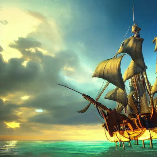 Image similar to a beautiful pirate ship by Renato muccillo and Andreas Rocha, trending on artstation, tropical lagoon, bright sky, bright lighting , rendered in unreal engine