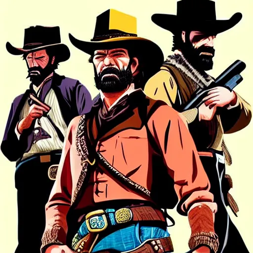 Image similar to a cowboy at high noon in the style of red dead redemption, lucky luke, the good, the bad and the ugly, clint eastwood, steven seagal, bud spencer, donald trump, glory days, patriotism