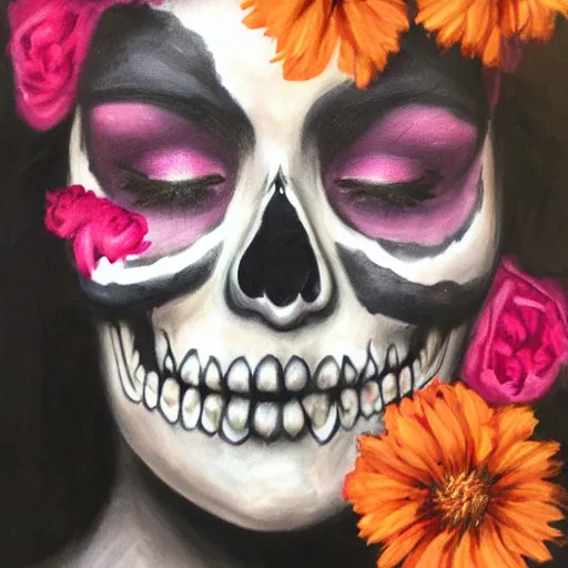 Image similar to a photorealistic portrait of a woman with a skull face paint and headband of flowers