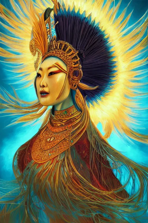 Image similar to oil painting, ancient chinese goddess, the incarnation of the sun bird, sunlit, paint texture, digital painting, highly detailed, artstation, sharp focus, illustration, concept art