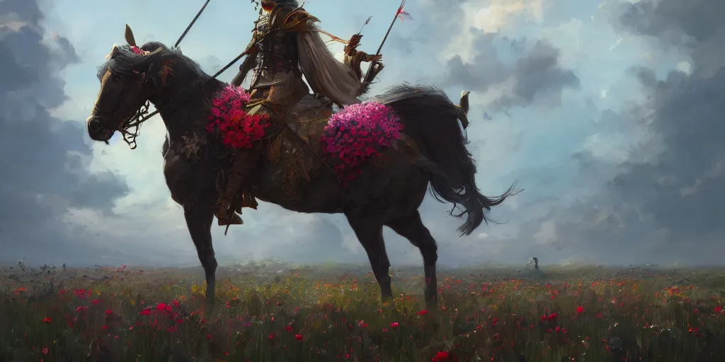 Image similar to an aesthetic field of flowers, asian knight on horse, greg rutkowski, zabrocki, karlkka, jayison devadas, trending on artstation, 8 k, ultra wide angle, zenith view, pincushion lens effect