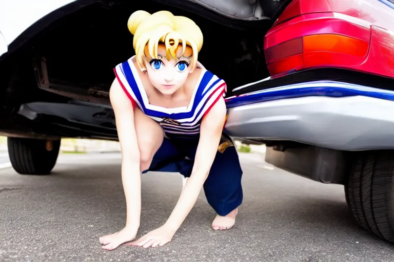 Prompt: sailor moon under your car stealing a catalytic converter