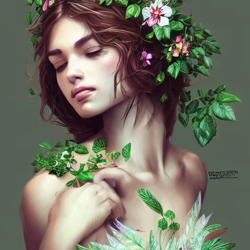 Prompt: A gorgeous young woman plant hybrid, vine and plants and flowers, intricate, digital painting, highly detailed, concept art, Artstation, Cgsociety, Artgerm