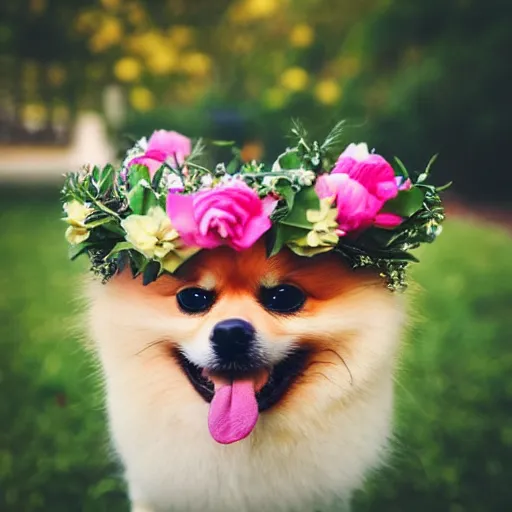 Image similar to a pomeranian wearing a flower crown, tongue out, looking at the camera, instagram photo, filter