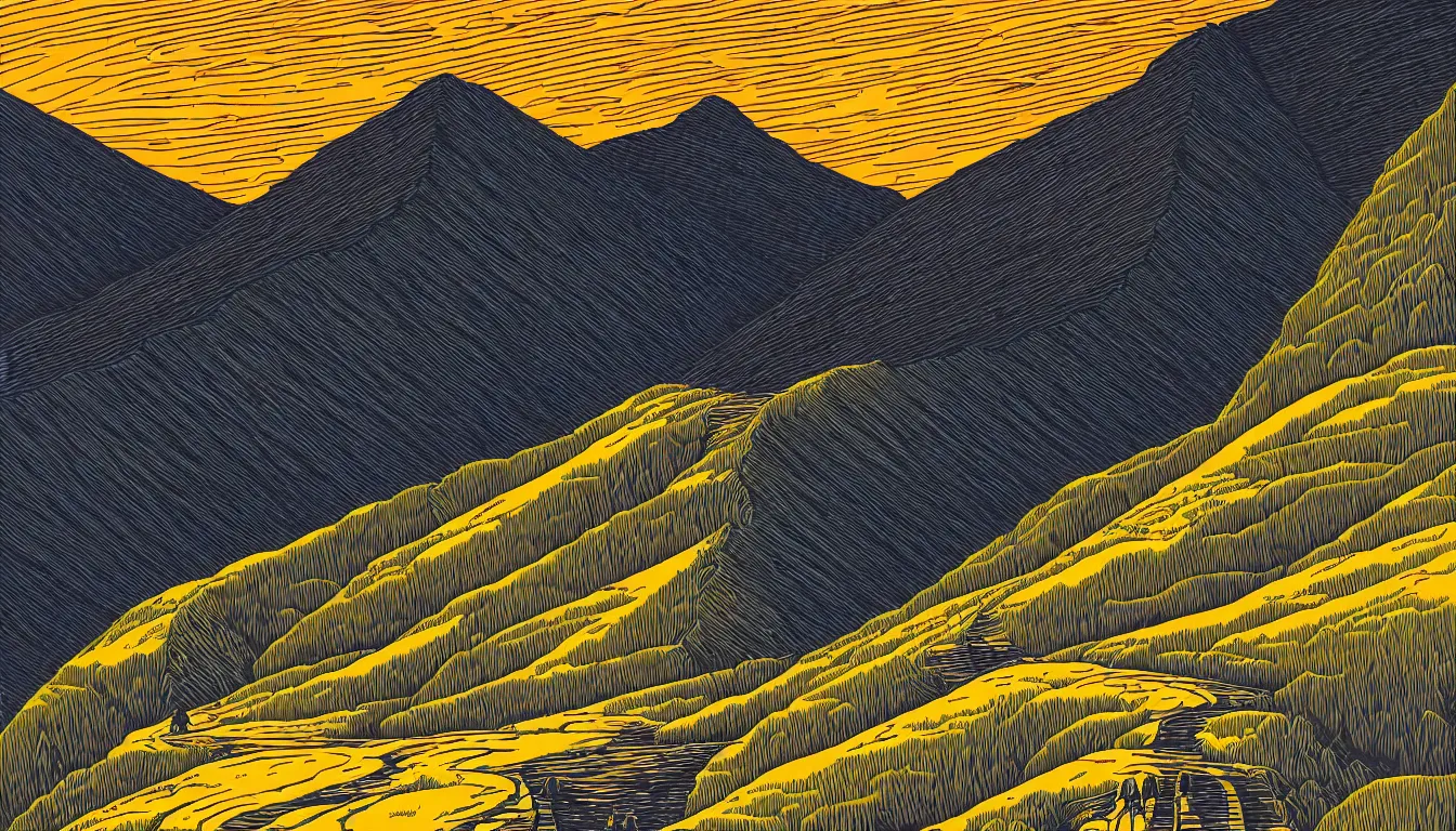 Prompt: mountain trail by dan mumford and peter doig and edward hopper, symmetrical, minimal, black ink, thick lines highly detailed, muted colours 8 k