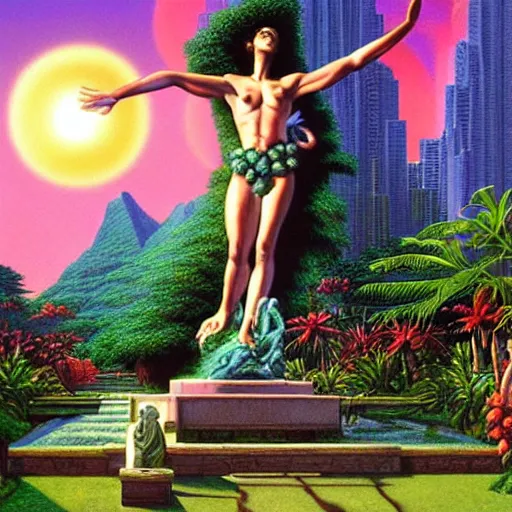 Prompt: vaporwave statue in garden of Eden by Greg Hildebrandt