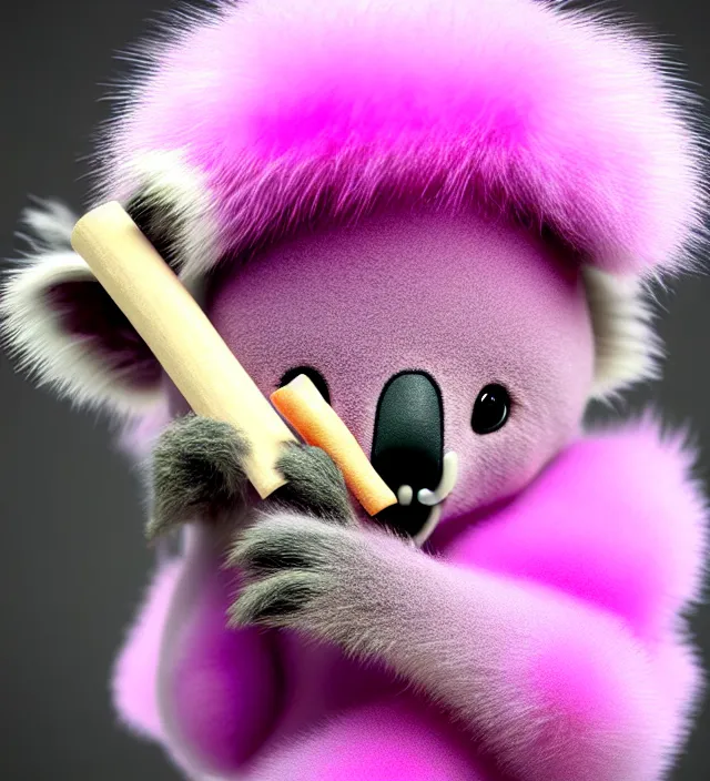 Image similar to high quality 3 d render hyperrealistic very cute small pink koala smoking joint, smoke rising from the joint, plush mascot, short spiky dense fluffy smooth hair, photo from the side, pink fluffy fur, 1 5 0 mm, beautiful natural soft light, rim light, vray, smooth background, artstation, ultra detailed