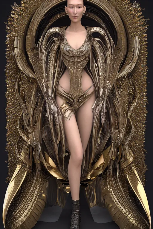 Image similar to a highly detailed 4 k render portrait of a beautiful tall alien goddess bella hadid in iris van herpen dress schiaparelli armor in diamonds and lots of jewelry in style of alphonse mucha trending on artstation made in unreal engine 4