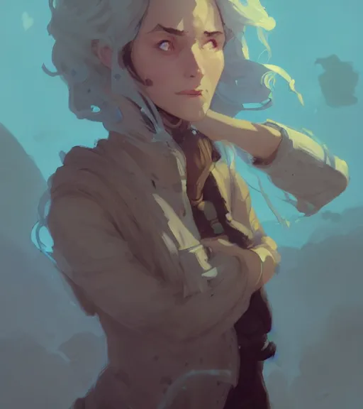 Image similar to portrait of a female alchemist, disheveled hair, by atey ghailan, by greg rutkowski, by greg tocchini, by james gilleard, by joe fenton, by kaethe butcher, dynamic lighting, gradient light blue, brown, blonde cream and white color scheme, grunge aesthetic