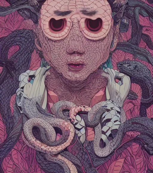Prompt: portrait, nightmare anomalies, leaves with a snake by miyazaki, violet and pink and white palette, illustration, kenneth blom, mental alchemy, james jean, pablo amaringo, naudline pierre, contemporary art, hyper detailed