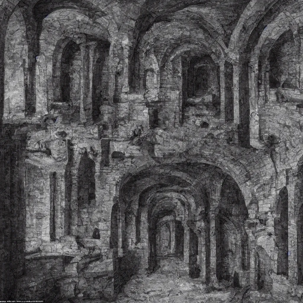 Prompt: 15081959 21121991 01012000 4k, highly detailed, sharp focus an empty dungeon with stone arches, dimly lit, gloomy, horror atmosphere, skulls hang on the walls