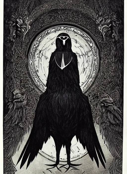 Prompt: portrait centered on a raven in a vantablack cloak and holding a symbolic weapon. art in the style of symbolism art style. portrait hung up in a windows 9 8 castle. r / oldschoolfantasy