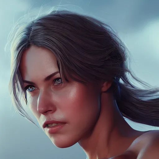 Image similar to a woman with muscles, digital art, photorealistic, unreal engine, 8 k resolution, artstation, beautiful face, pretty face, very detailed eyes, by wlop, greg rutkowski, simon bosley