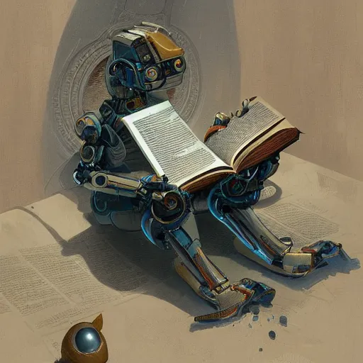 Prompt: a robot reading a book, highly detailed, digital painting, artstation, concept art, sharp focus, illustration, art by eddie mendoza and greg rutkowski and alphonse mucha