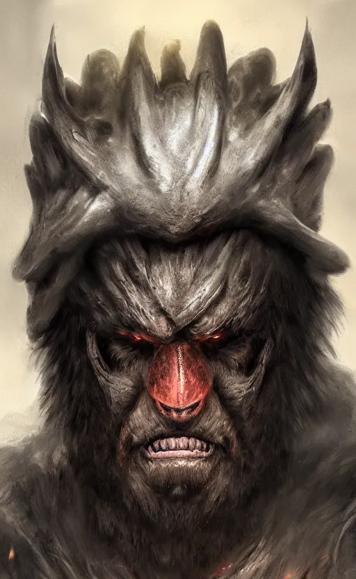 Image similar to portrait of a bear beast - man wearing a turban, with fire in his eyes, wear bloodborne, concept art trending on artstation photorealistic image 8 k