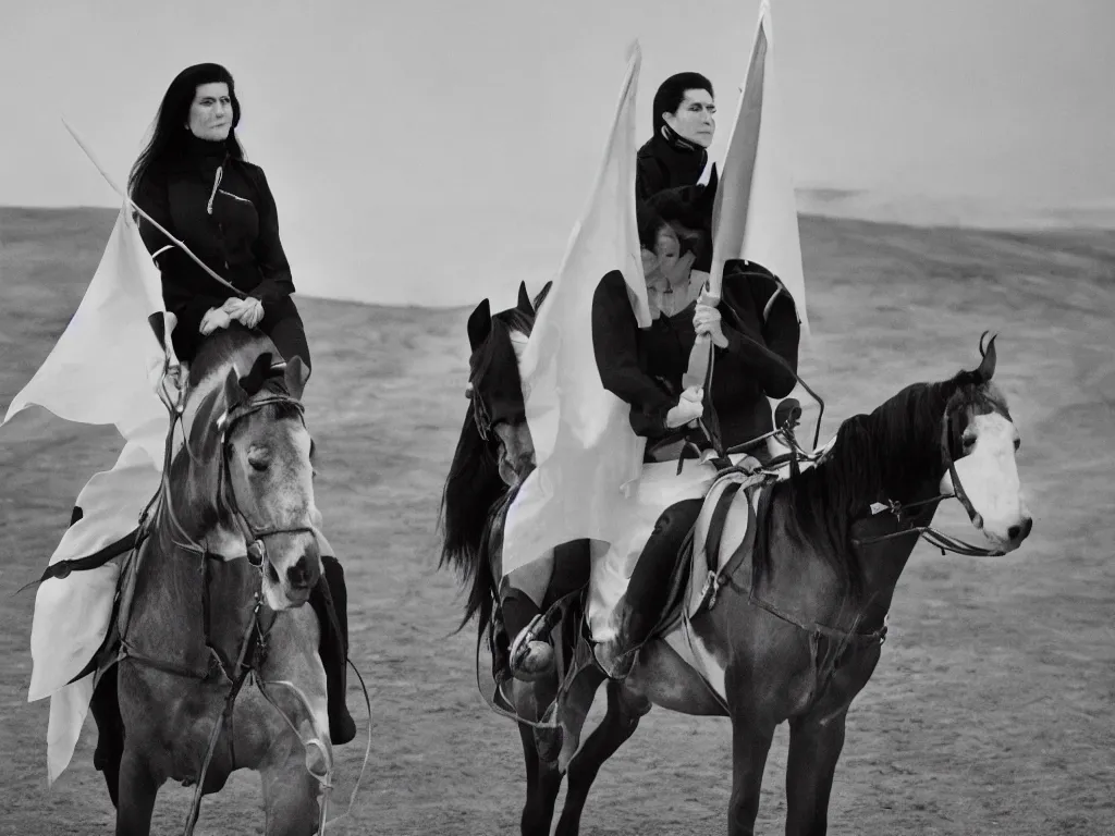 Prompt: 7 marina abramovich on horseback, holding a white flag, surrounded by t-1000's, in a dystopian landscape, HD 8K