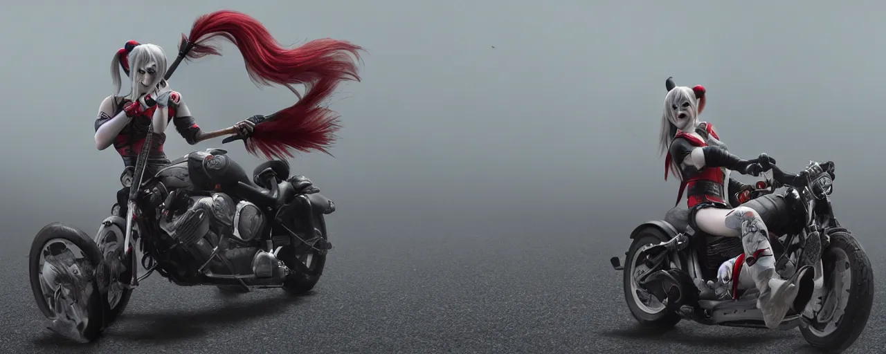 Prompt: real-life Harley Quinn riding a motorcycle holding a baseball bat, cinematic, Low angle, atmospheric fog and lighting, center frame, rule of thirds, trending on Artstation, Movie Still