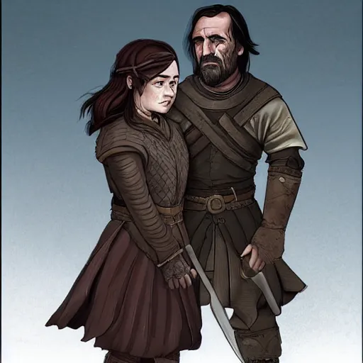 Prompt: Game of Thrones Arya and the Hound by Arnold Tsang, Trending on Artstation