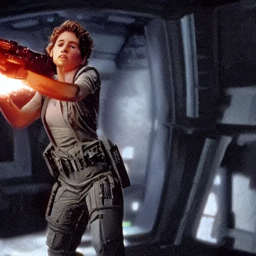 Image similar to half and covered in blood, ellen ripley, performed by emilia clarke, fights off hordes of aliens on the millennium falcon, holding a minigun in her right hand behind her and helps her with shots from a laser pistol. the style of films from the 8 0 s