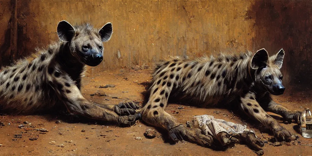 Image similar to an exhausted hyena wearing tshit and jeans sitting on the floor. highly detailed painting by gaston bussiere, craig mullins, j. c. leyendecker 8 k