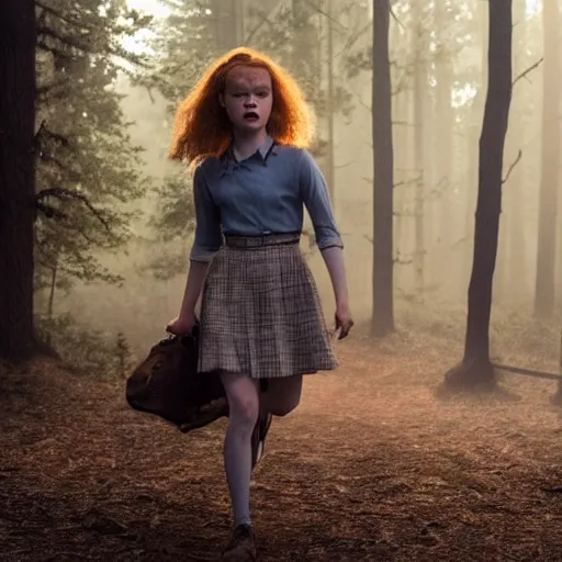 Prompt: Sadie Sink (Maxine Mayfield) for Stranger Things holding a gun and running in a forest, dramatic lighting, cinematic, establishing shot, extremely high detail, photo realistic, cinematic lighting