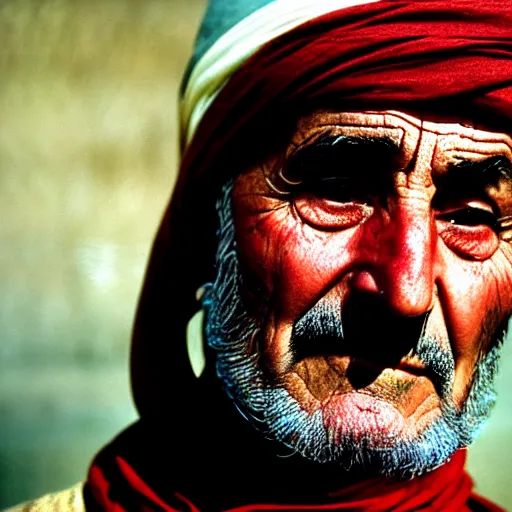 Prompt: portrait of president lyndon b johnson as afghan man, green eyes and red scarf looking intently, photograph by steve mccurry