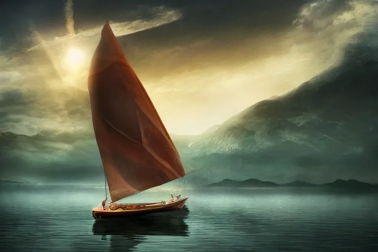 Image similar to sailing boat on a lake of dreams, matte painting, concept art, stunning, ultra sharp focus