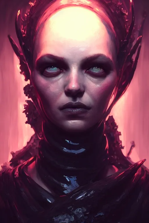 Image similar to a portrait of the queen of darkness, illustration, soft lighting, soft details, dark mood, painting oil on canvas by Cedric Peyravernay octane render trending on artstation d&d characters, 4k, 8k, HD