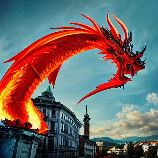 Prompt: Ljubljana dragon breathing fire, trending on artstation, vivid colours