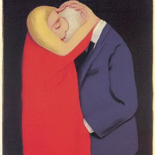 Image similar to a woman in a red dress kissing a man in a suit with both of them having a blanket completely covering their heads, rene magritte style