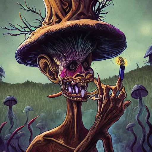 Image similar to 4 k headshot portrait of a psychedelic demonic anthropomorphic wendigo smoking a hand - rolled cigarette smoking heavily, magic mushroom village in background. award winning. superb resolution. in the art style of junji ito and greg rutkowski. detailed mushroom city in background. hyper realistic anime. perfect art. dalle 2