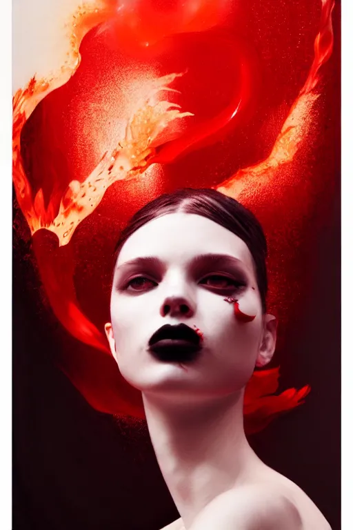Prompt: 3 d, angry fashion model, flame, liquid black and red water, moon, vogue cover style, poster art, high detail, intricate oil painting, multiple exposure, heaven mood, hyperrealism, 3 d, by tooth wu and wlop and beeple and greg rutkowski