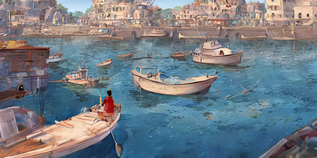 Prompt: a film still of fishing harbour in a small Italian seaside village, medium shot, waist up, studio Ghibli, Pixar and Disney animation, sharp, Rendered in Unreal Engine 5, anime key art by Greg Rutkowski, Bloom, dramatic lighting