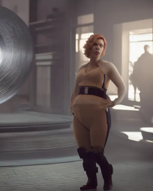 Image similar to film still of scarlett johansson in a fatsuit from 2 0 1 2's the avengers, cinematic lighting, octane render, backlit, rim lighting, 8 k resolution