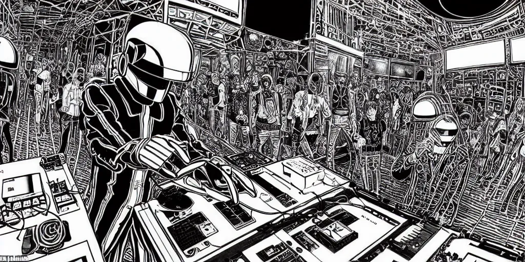 Image similar to intricate detailed artwork of Daft Punk using dj controller at an underground warehouse rave in Ibiza playing techno house music, thousands beautiful gorgeous girls dancing in bikini, in the style of Moebius, wires, speakers, black and white ink, some ink drips